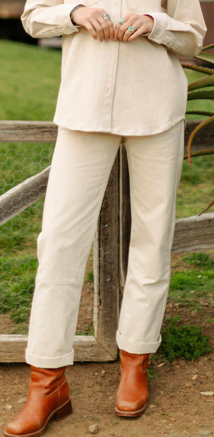 Matching women's workwear set featuring the 100% cotton Cove Shirt and Lily Pant in soft washed cream for a monochromatic tonal look.