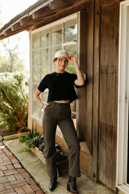 Women's 100% cotton Lily Pant in salt wash vintage coal, featuring a high-waisted fit and straight leg silhouette for a rugged, heritage-inspired look.
